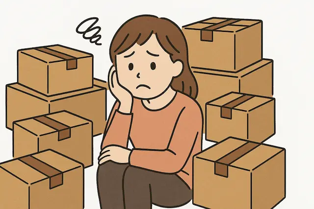 大量のダンボールで困っている女性AI生成