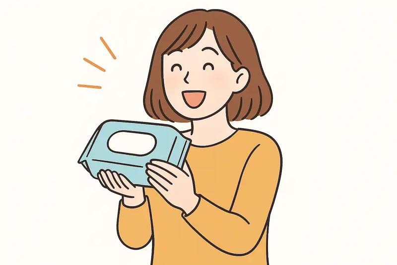 おしりふきをもって喜ぶ女性 AI生成