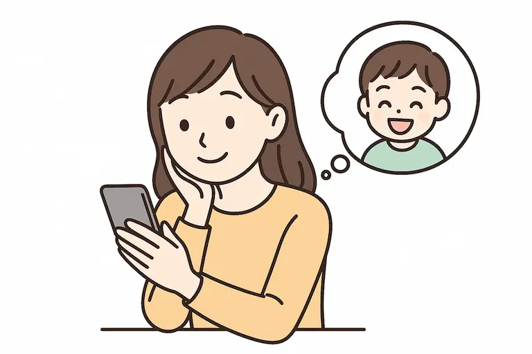 スマホの写真をみて笑顔の女性　AI生成