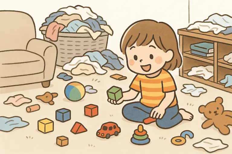 散らかった部屋で遊ぶこども　AI生成