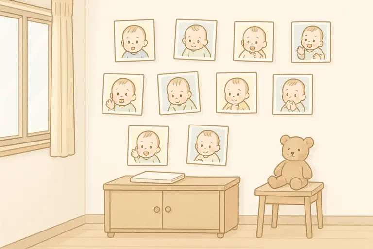 壁に赤ちゃんの写真を貼っている様子 AI生成